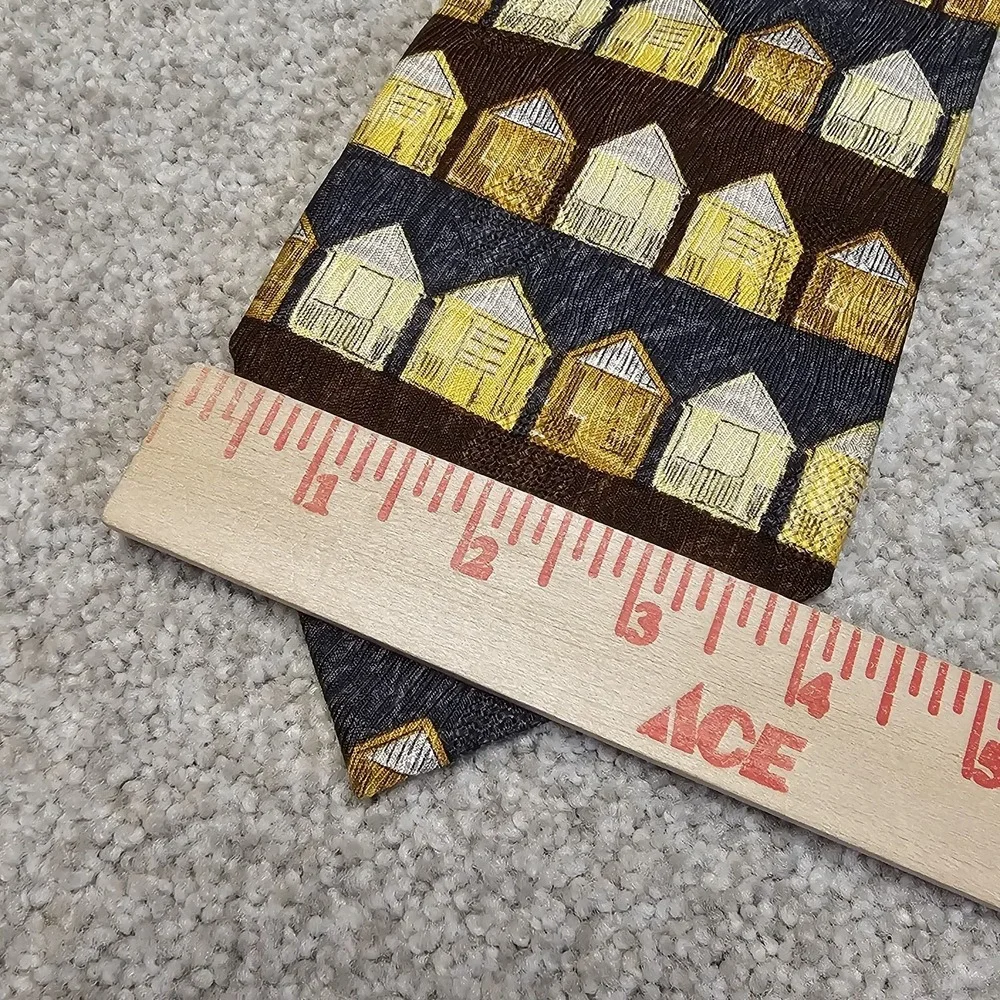 Ermenegildo‎ Zegna 100% Silk Tie Brown Gold Beach Hut Pattern Novelty Designer